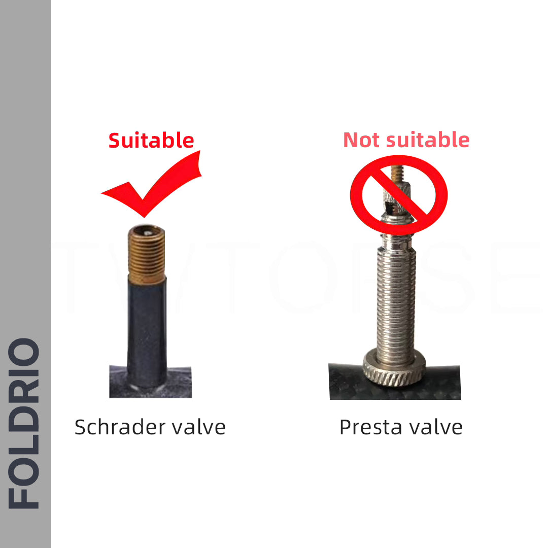 Image shows two bicycle valves: Schrader (with a red check mark, fitted with FOLDRIO Brompton Union Jack Valve Caps – Schrader) and Presta (with a red cross). “FOLDRIO” appears on the left.