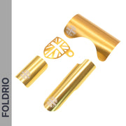Gold metallic FOLDRIO Brompton Frame Protector Set with a British Flag cutout, displayed on a white background. "FOLDRIO" appears vertically on a grey bar to the left.