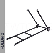 The Brompton Rear Rack – Lightweight Aluminium Cargo Rack is a black metal rack with two support arms, two mounting points, and easywheel mounts. "FOLDRIO" appears in bold on the left. The ultralight rack is displayed on a white background.