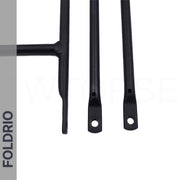 Three black aluminium rods, ideal as easywheel mounts for the Brompton Rear Rack – Lightweight Aluminium Cargo Rack, are arranged vertically on a white background. "FOLDRIO" appears vertically on a gray strip to the left.