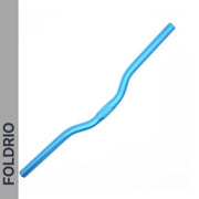 A Brompton M Handlebar in anodised aluminium, available in 5 colours, with a slight rise and curve for upright riding, is displayed on a white background. The left side shows a grey strip with “FOLDRIO” in bold black letters.