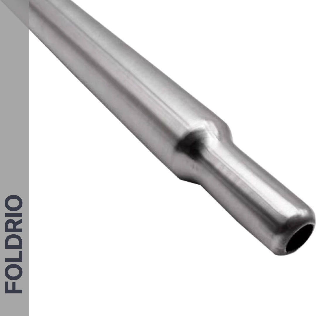 A close-up of the Brompton Titanium Seatpost – Lightweight Upgrade (560mm & 580mm), made from GR9 titanium alloy with a 31.8mm diameter, set against a white background. "FOLDRIO" appears vertically on a gray strip at the left edge.