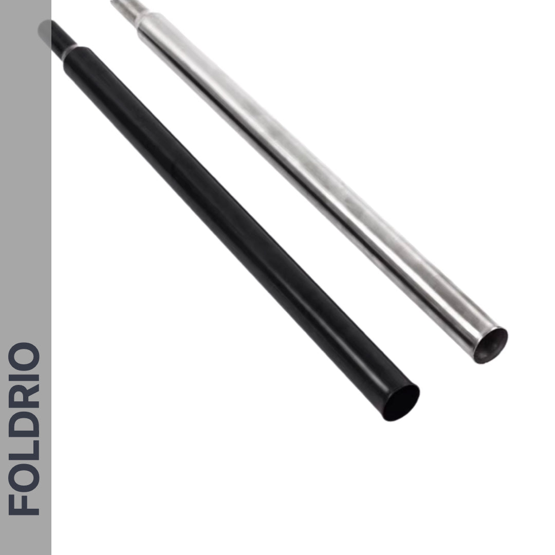 Two metal tubes, one black and one silver, are parallel on a white background. "FOLDRIO" appears vertically on a gray strip, showcasing the Brompton Titanium Seatpost – Lightweight Upgrade in 560mm & 580mm lengths.