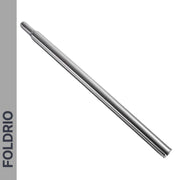 A metallic, cylindrical Brompton Titanium Seatpost—lightweight upgrade, 560mm & 580mm—is shown diagonally on a white background, with "FOLDRIO" vertically displayed on a gray strip along the left side.