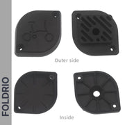 Four black plastic parts are shown: two marked "Outer side" with patterns, and two labeled "Inside" with different structures. FOLDRIO is on the left—this is the Brompton AirTag Saddle Mount, a hidden tracker holder for anti-theft bike tracking.