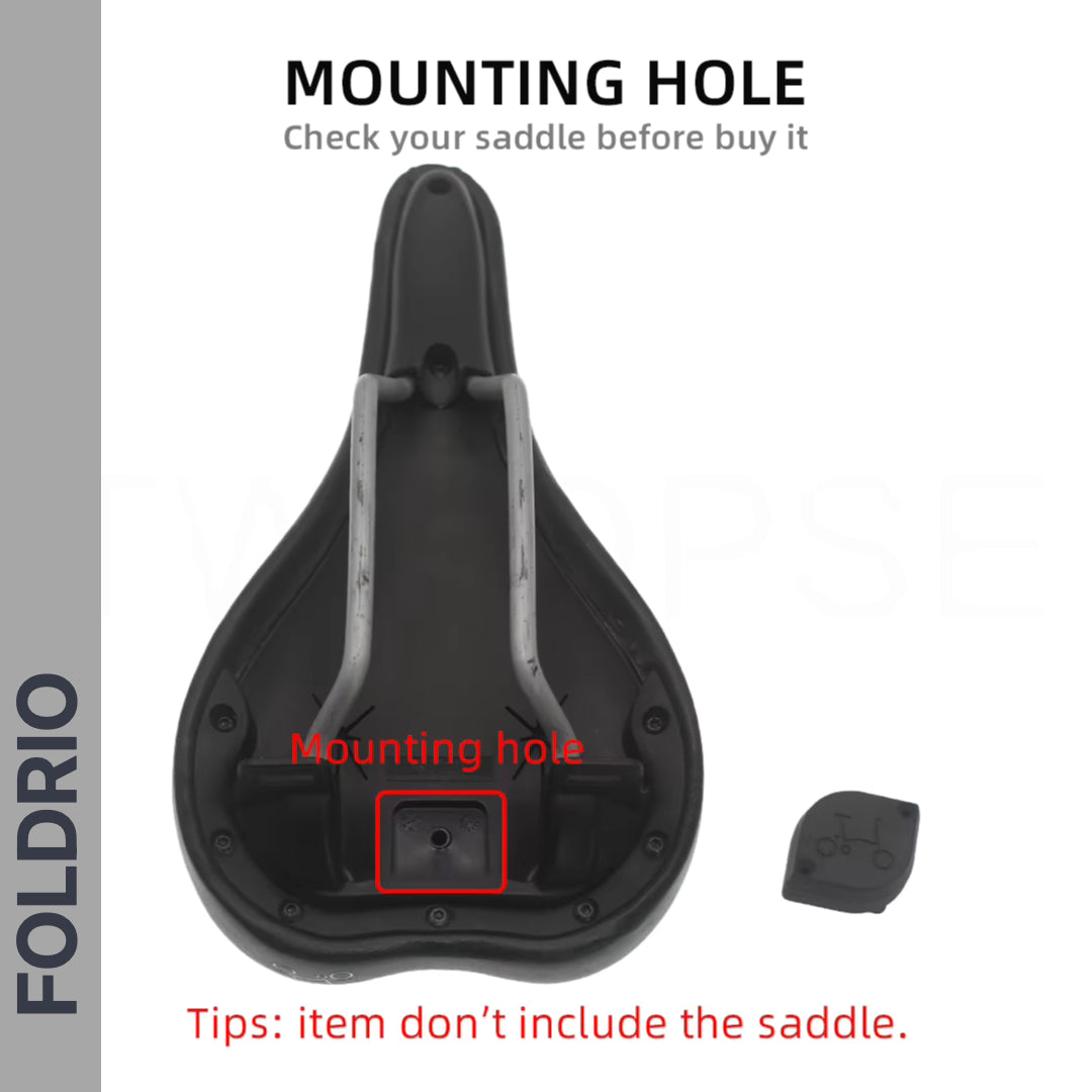 Image of the Brompton AirTag Saddle Mount – Hidden Tracker Holder shown beside a bicycle saddle, with the central mounting hole highlighted in red. Text notes that the saddle is not included.