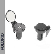 The Brompton Bar End Mirror – 360° Adjustable, Foldable is displayed open and closed on a white background, with "FOLDRIO" vertically on the left, reminiscent of designs seen in foldable bike mirrors.