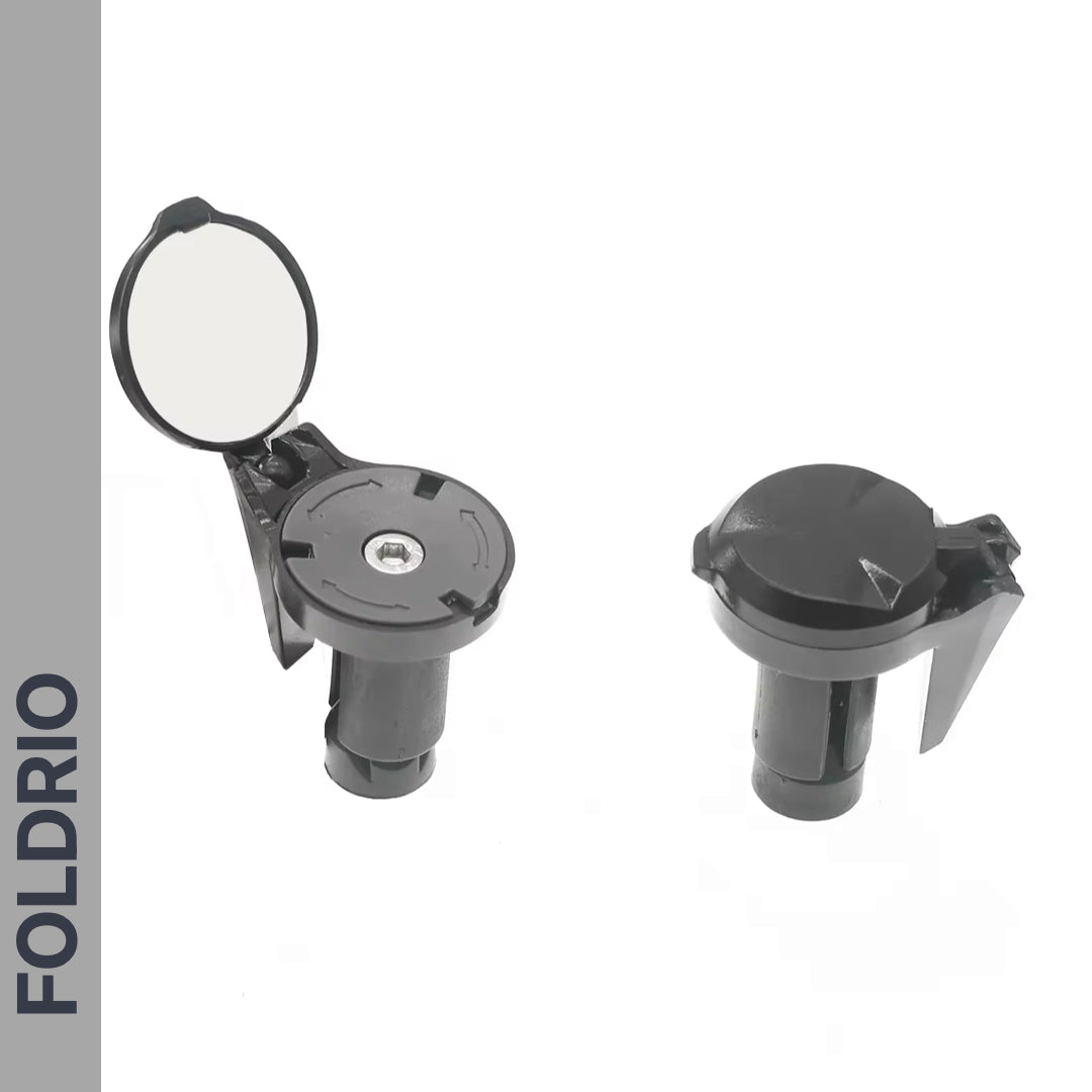 The Brompton Bar End Mirror – 360° Adjustable, Foldable is displayed open and closed on a white background, with "FOLDRIO" vertically on the left, reminiscent of designs seen in foldable bike mirrors.