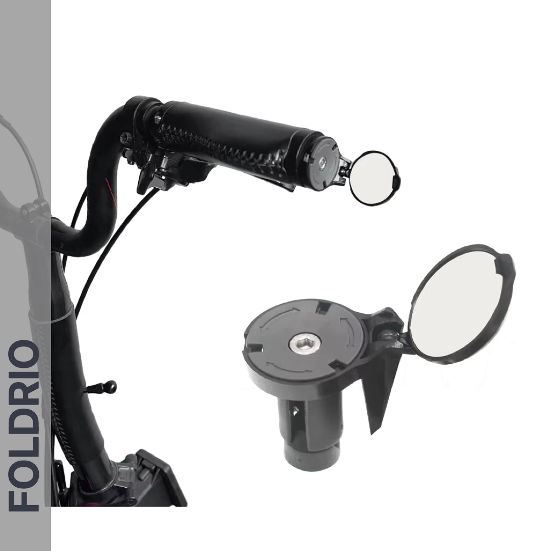 A close-up shows a Brompton Bar End Mirror – 360° Adjustable, Foldable, mounted on a bicycle handlebar with its compact convex shape and foldable base. An inset details the adjustment mechanism. The word FOLDRIO appears on the left side.