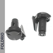 Two black plastic fasteners with round heads and side wings on a white background. "FOLDRIO" is written vertically on a gray strip—compatible with the Brompton Bar End Mirror – 360° Adjustable, Foldable.