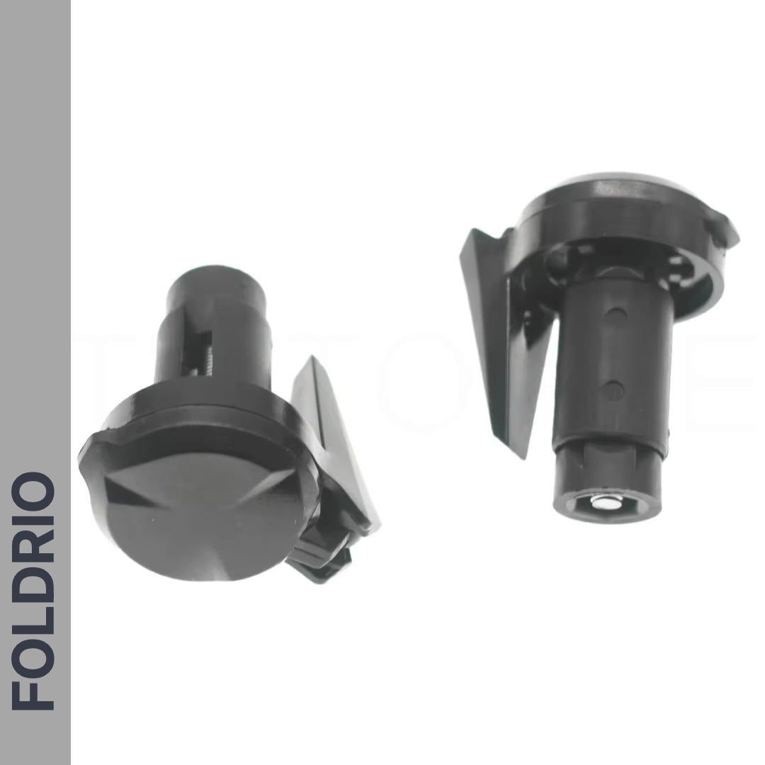 Two black plastic fasteners with round heads and side wings on a white background. "FOLDRIO" is written vertically on a gray strip—compatible with the Brompton Bar End Mirror – 360° Adjustable, Foldable.