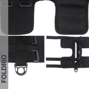 The Brompton Carry Handle & Shoulder Strap – Folded Bike Carrier is displayed from multiple angles on a white background, featuring adjustable straps and metal buckles. "FOLDRIO" appears vertically, emphasizing its practical, stylish design.