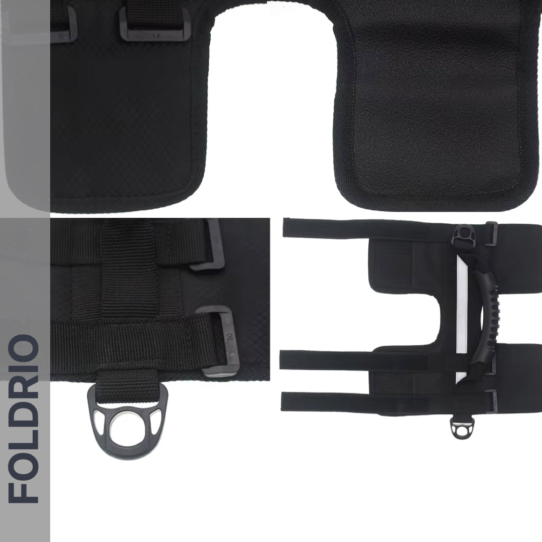 The Brompton Carry Handle & Shoulder Strap – Folded Bike Carrier is displayed from multiple angles on a white background, featuring adjustable straps and metal buckles. "FOLDRIO" appears vertically, emphasizing its practical, stylish design.