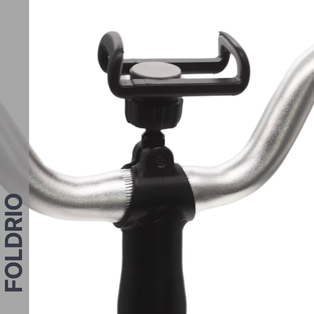Close-up of the FOLDRIO Brompton Phone Mount—lightweight and adjustable, no case needed—featured against a white background, with "FOLDRIO" shown vertically on a gray strip to the left.