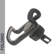 A black plastic folding Brompton Phone Mount by FOLDRIO, shown on a white background, features a rotating base and adjustable design. “FOLDRIO” appears vertically on a gray strip at the image’s left edge. No phone case needed; lightweight build.