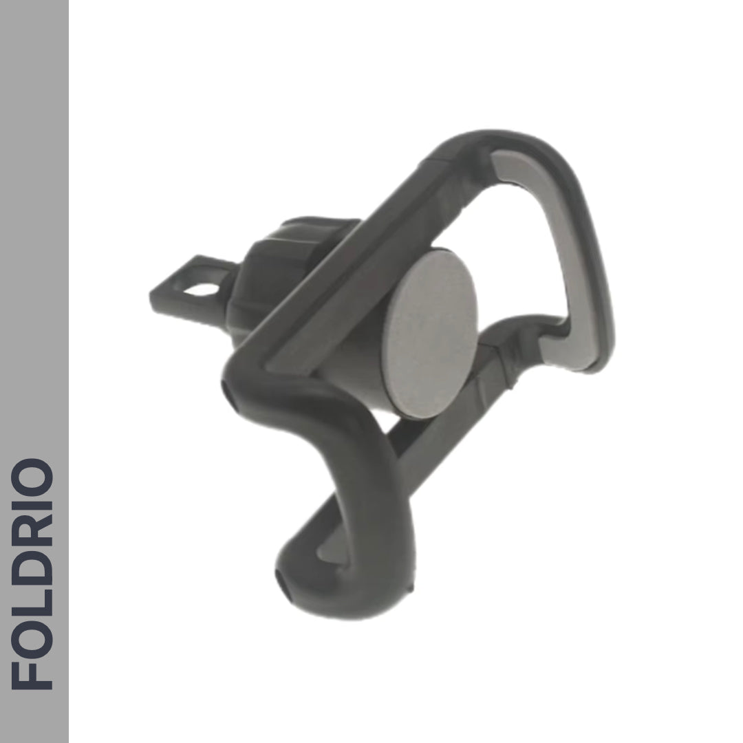 The FOLDRIO Brompton Phone Mount – Lightweight, No Case Needed – is shown in black with an angular design and a central circular magnet, displayed against a plain background with "FOLDRIO" vertically on the left.