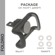 Package includes a black FOLDRIO Brompton Phone Mount – Lightweight, No Case Needed, plus four round gaskets (two each of 0.5mm and 1mm thickness), with product info and FOLDRIO branding—a practical Brompton bike accessory.
