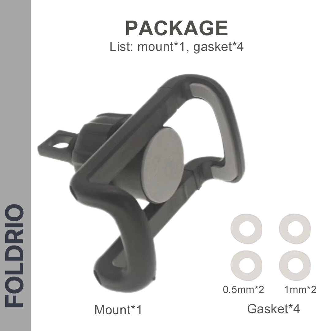 Package includes a black FOLDRIO Brompton Phone Mount – Lightweight, No Case Needed, plus four round gaskets (two each of 0.5mm and 1mm thickness), with product info and FOLDRIO branding—a practical Brompton bike accessory.