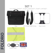The FOLDRIO Brompton Roll-Top Front Bag (27.5L) includes a laptop compartment, two straps, bag frame, yellow raincover, cable hook, and small UK flag—essentials for commuting—all displayed on a white background.