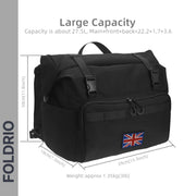 The FOLDRIO Brompton Roll-Top Front Bag (27.5L), a large black duffel with a UK flag patch, measures 30x39x19cm and weighs 1.35kg—perfect for commuting or use as a laptop bag. Brand name appears on the left side.