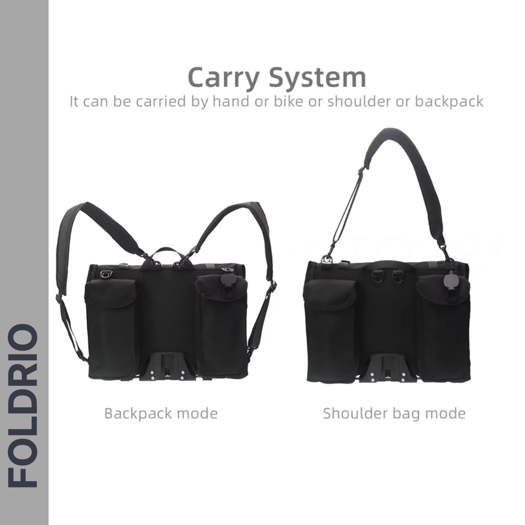 The FOLDRIO Brompton Roll-Top Front Bag – 27.5L, Laptop & Commuter Bag can be worn as a backpack (two straps), shoulder bag (long strap), carried by hand, or mounted on your bike as a Brompton front bag.