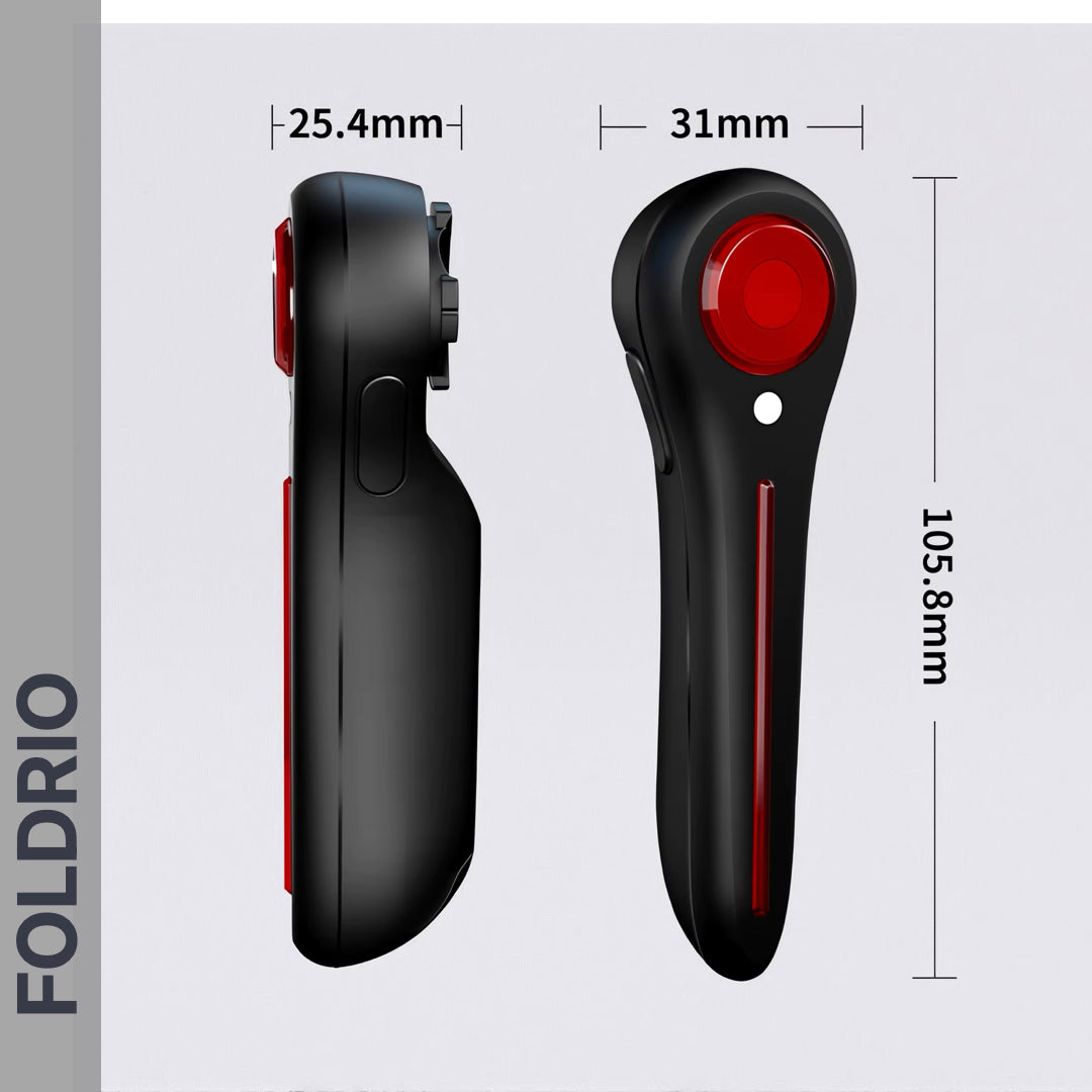 Two views of the FOLDRIO Brompton Smart Brake Tail Light, black and red against a light background with measurement lines. Dimensions: 105.8mm (H) x 31mm (W) x 25.4mm (D)—ideal as a bicycle rear light.