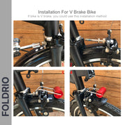 Four-step guide for installing a V brake, featuring close-ups of the brake, cable adjustment, and the FOLDRIO Brompton Front Fork Light – 400 Lumen (USB-C Rechargeable) mounted on a black bike against a wooden background.