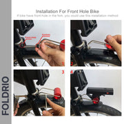 Four-step image guide shows hands attaching the FOLDRIO Brompton Front Fork Light – 400 Lumen, USB-C Rechargeable above the front wheel using included gaskets and front hole. Final image displays it securely mounted on the fork.