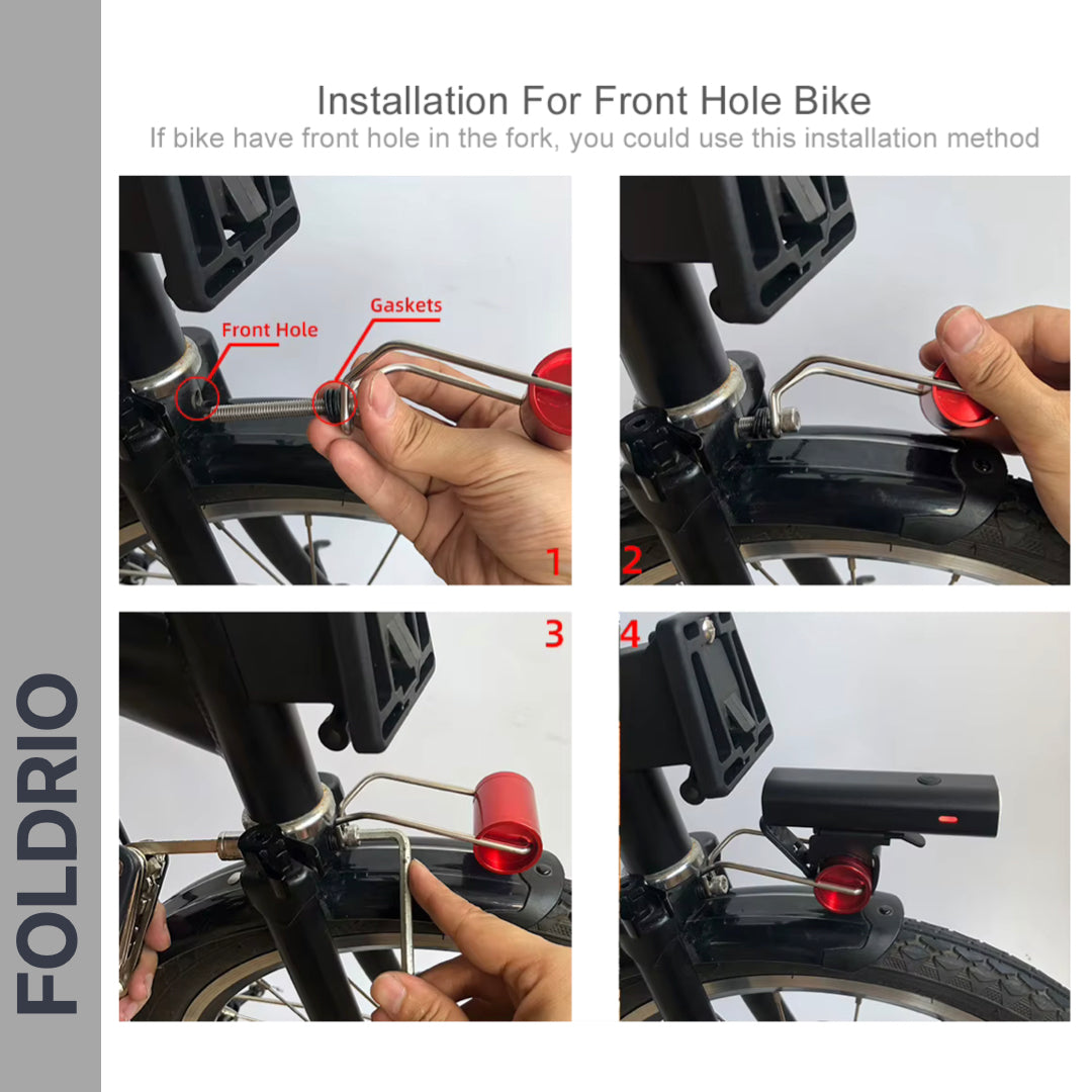 Four-step image guide shows hands attaching the FOLDRIO Brompton Front Fork Light – 400 Lumen, USB-C Rechargeable above the front wheel using included gaskets and front hole. Final image displays it securely mounted on the fork.