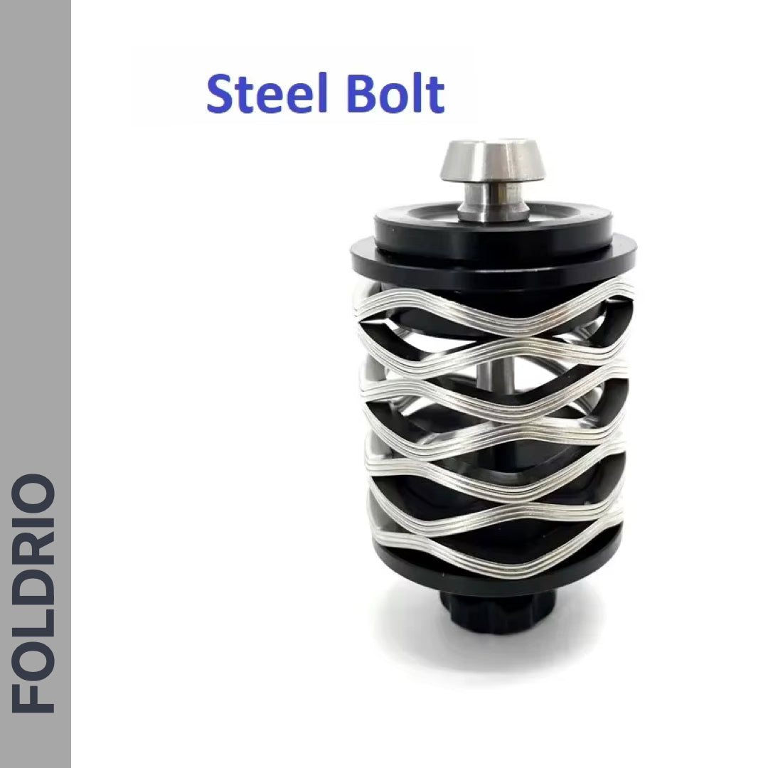 The FOLDRIO Brompton Rear Shock Absorber features a steel bolt with a spiral wire design and black circular parts, perfect as suspension material for Brompton Folding Bikes. "Steel Bolt" appears above, with "FOLDRIO" vertically on the left side.