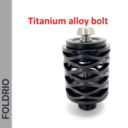 A black metal Brompton Rear Shock Absorber with a spiral design and silver Titanium alloy bolt on top, designed for Brompton Folding Bikes. "Titanium alloy bolt" is above the part; FOLDRIO appears vertically on the left side.