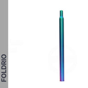 A Brompton Titanium Seatpost – Multicolour Edition stands upright against a white background, with a grey vertical banner on the left displaying FOLDRIO in bold black letters.