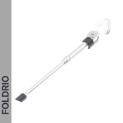The FOLDRIO Brompton Kickstand – Adjustable Aluminium for A and C Line is shown on a white background, featuring a silver design with black rubber foot, rear axle mount, and "FOLDRIO" vertically on a gray stripe—perfect for Brompton bikes.