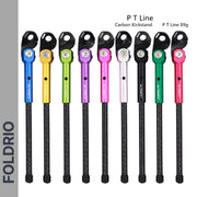 Nine vibrant FOLDRIO Brompton Kickstand – Carbon Fibre, P and T Line models are lined up vertically, each with a unique adjustment color. The lightweight design is highlighted at the top right.