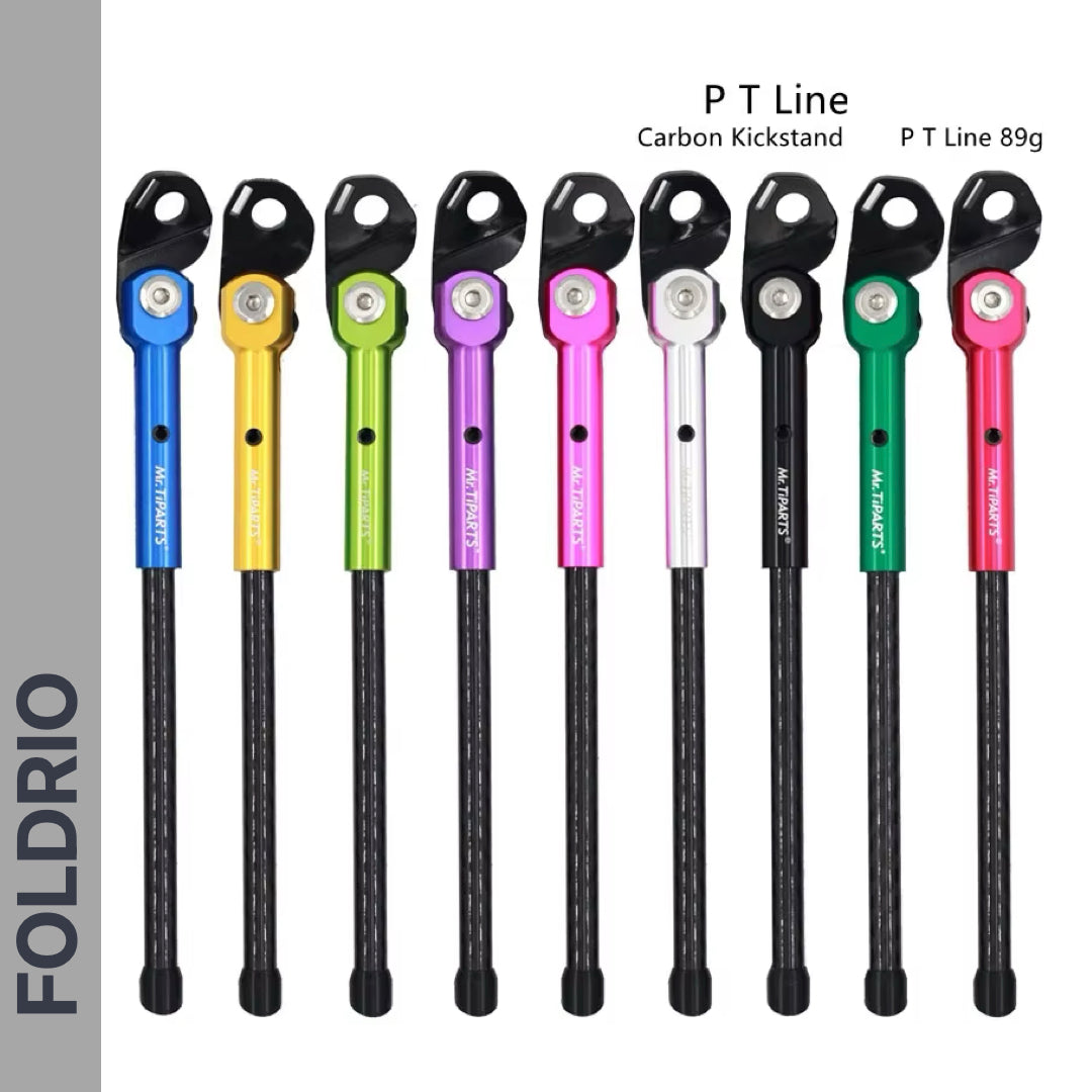 Nine vibrant FOLDRIO Brompton Kickstand – Carbon Fibre, P and T Line models are lined up vertically, each with a unique adjustment color. The lightweight design is highlighted at the top right.