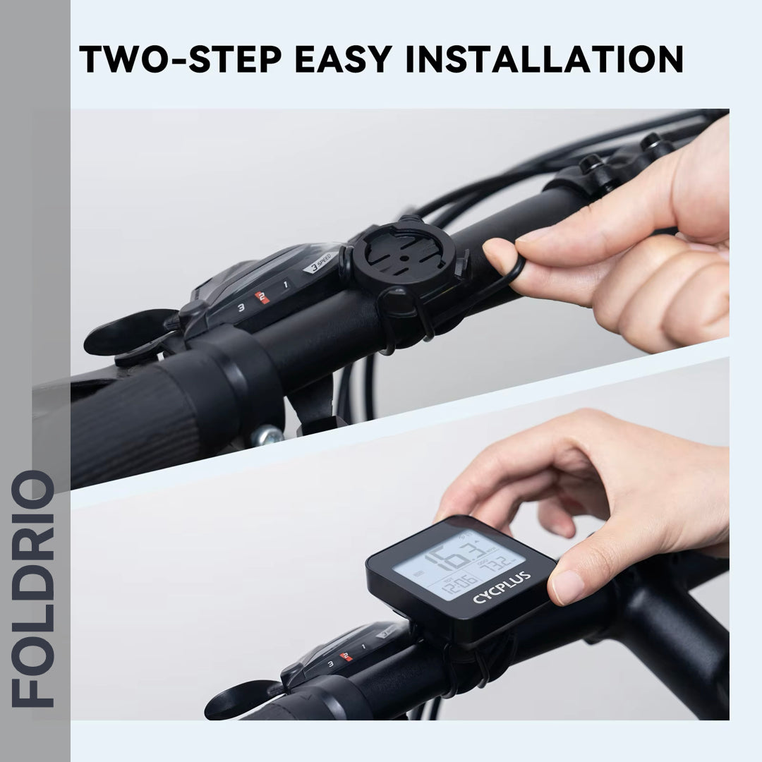 A hand installs a mount on a bicycle handlebar, then attaches the Brompton GPS Bike Computer – Wireless, IPX6, 9 Data Fields by FOLDRIO. Text shows “TWO-STEP EASY INSTALLATION” and “FOLDRIO.”.
