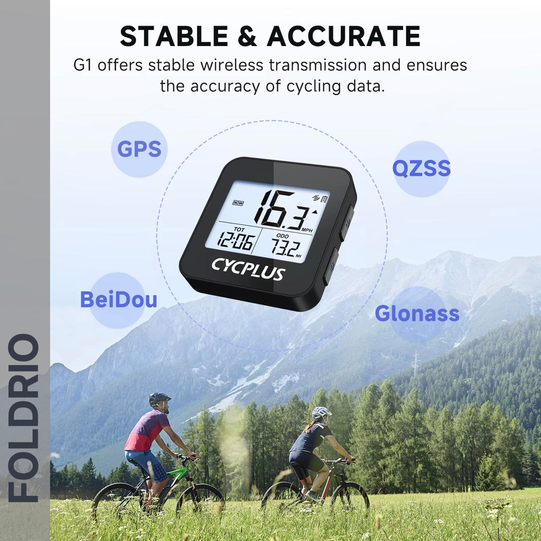 Two cyclists ride through a grassy field with mountains behind. The FOLDRIO Brompton GPS Bike Computer shows speed and temperature, highlighting GPS, QZSS, BeiDou, and Glonass for stable cycling data. Wireless, IPX6 rated, 9 data fields.