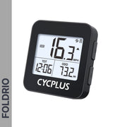 The FOLDRIO Brompton GPS Bike Computer, a wireless IPX6 cycling speedometer, displays 16.3 MPH, a time of 12:06, and an odometer reading of 73.2 miles with nine data fields. It features a black frame, side buttons, and "FOLDRIO" shown vertically on the left.