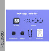 On a purple background: Brompton GPS Bike Computer – Wireless, IPX6, 9 Data Fields by FOLDRIO, plus four rubber bands, handlebar mount, rubber pad, USB Type-C cable, and manual. "FOLDRIO" is shown vertically on the left.