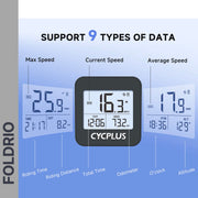 The FOLDRIO Brompton GPS Bike Computer displays max, current, and average speed on a digital screen with 9 fields: riding time, distance, odometer, clock, altitude. Wireless and IPX6-rated, it mounts clearly on your handlebar.
