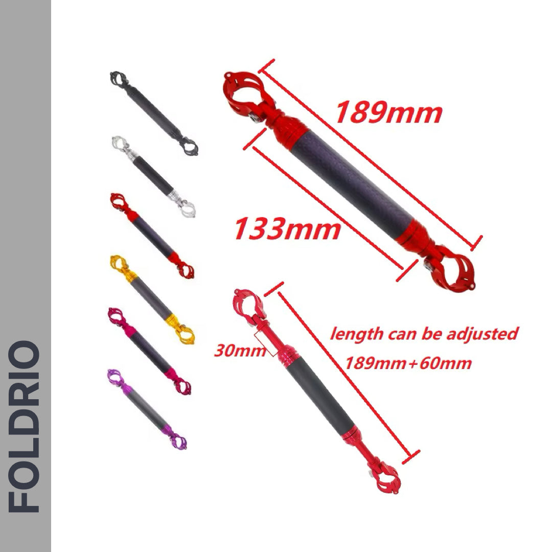 Image of FOLDRIO Brompton M Handlebar Cross Brace—an adjustable metal accessory mount—shown in 6 colors and multiple sizes (189mm, 133mm, 30mm), adjustable by 60mm, with loops at both ends.