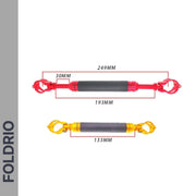 FOLDRIO's Adjustable Brompton M Handlebar Cross Brace, available in 6 colours, features hook-shaped metal ends, black grips, and gold or red sections—ideal as a handlebar accessory mount for added convenience. Measurements are shown on the left.