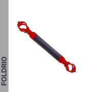 The Brompton M Handlebar Cross Brace – Adjustable by FOLDRIO is shown diagonally on a white background, featuring a textured dark center and red metal clamps. The word FOLDRIO appears vertically on a gray sidebar to the left.