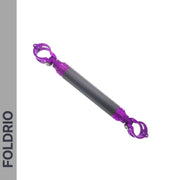 The FOLDRIO Brompton M Handlebar Cross Brace – Adjustable, shown in 6 colours with a carbon fibre look center and purple clamps, is a lightweight handlebar mount displayed on white with FOLDRIO vertically on a gray sidebar.