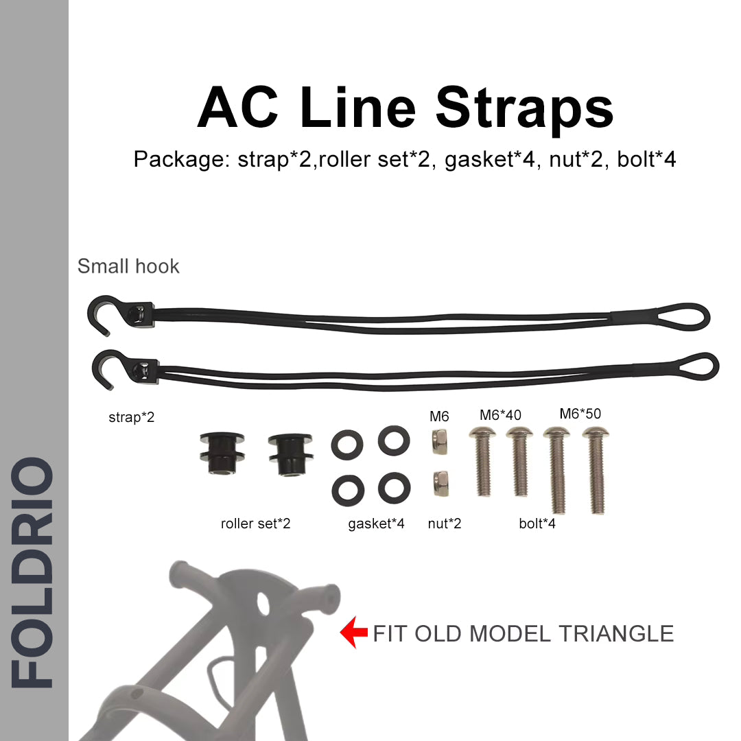 Image shows FOLDRIO Brompton Rear Rack Elastic Straps for AC Line (old) & PT Line (new): 2 black elastic straps with hooks, 2 roller sets, 4 gaskets, 4 nuts, and 4 bolts. Brand name appears vertically on the left.