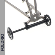 Brompton Brompton Easy Wheel & Extension Rod Set featuring black CNC-machined alloy wheels, metallic frame, “FOLDRIO” on gray bar | Foldrio. Foldrio