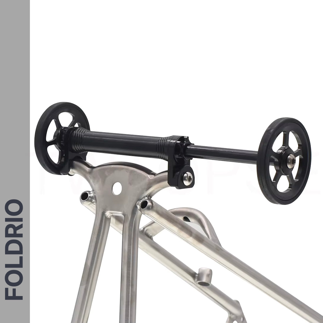 Brompton Brompton metallic frame with Easy Wheel & Extension Rod Set, CNC alloy wheels, compact rear assembly, "FOLDRIO" at left | Foldrio. Foldrio