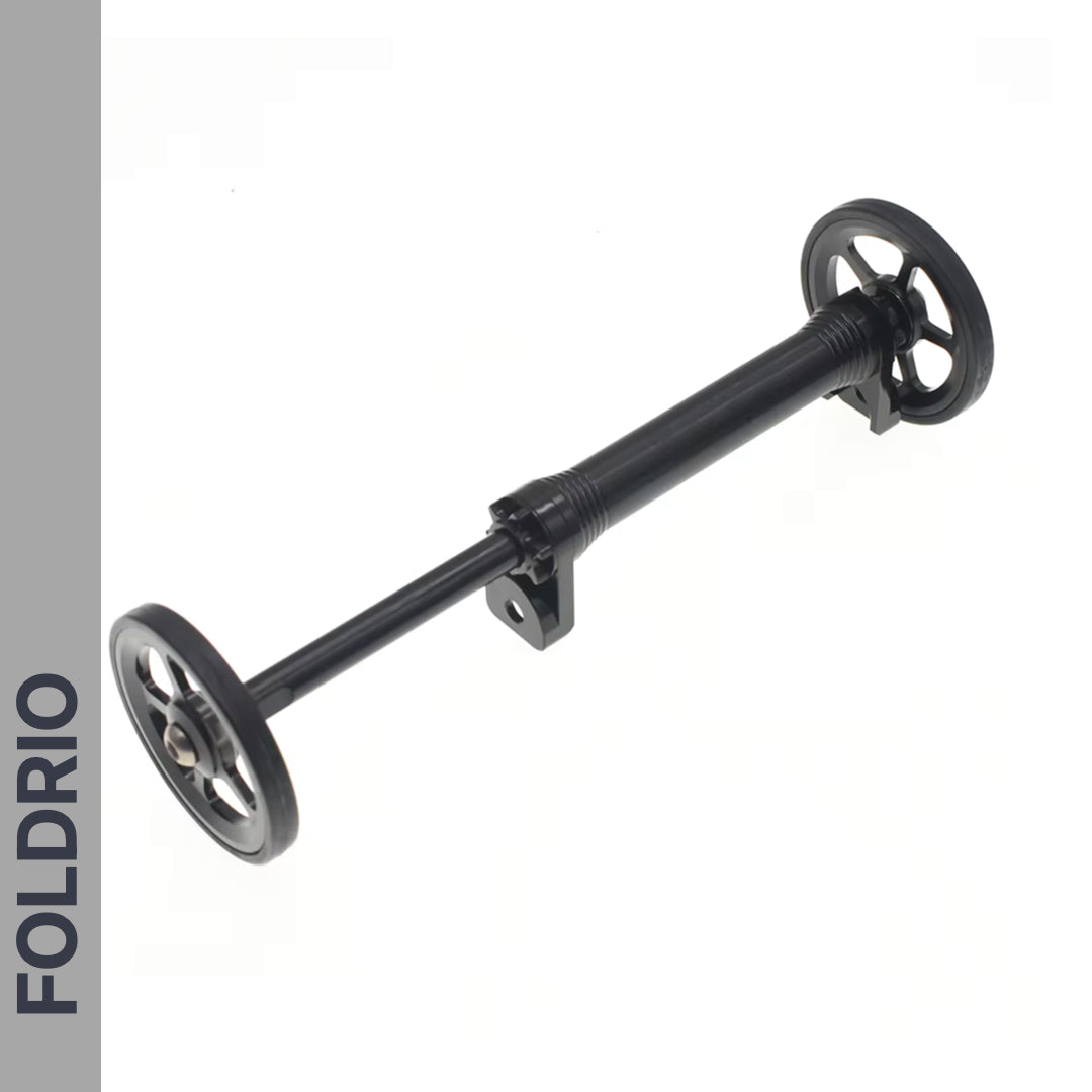 Brompton Brompton Easy Wheel & Extension Rod Set with CNC alloy wheels, black axle, center bracket; "FOLDRIO" vertical label | Foldrio. Foldrio