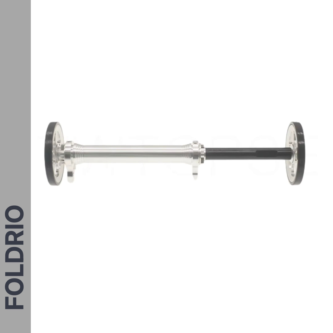 Brompton Brompton Easy Wheel & Extension Rod Set with vertical "FOLDRIO" on a gray stripe, white background | Foldrio. Foldrio