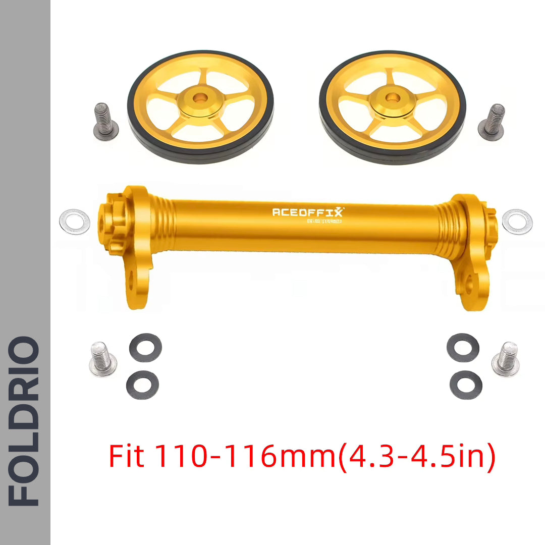 Brompton Brompton gold CNC alloy easy wheels set with extension rod, bolts, and washers on white, "Fit 110-116mm" shown | Foldrio. Foldrio